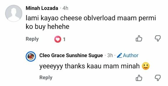 Facebook comment from Minah Lozada — Cheesy Overload is delicious, always buys
