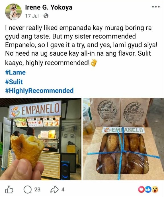 Facebook post from Irene G. Yokoya — highly recommended Empanelo, no sauce needed